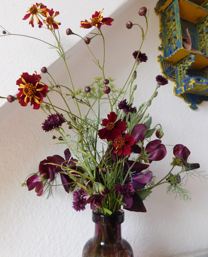 Late June bouquet with Coreopsis, Cornflowers and Sweet Peas.