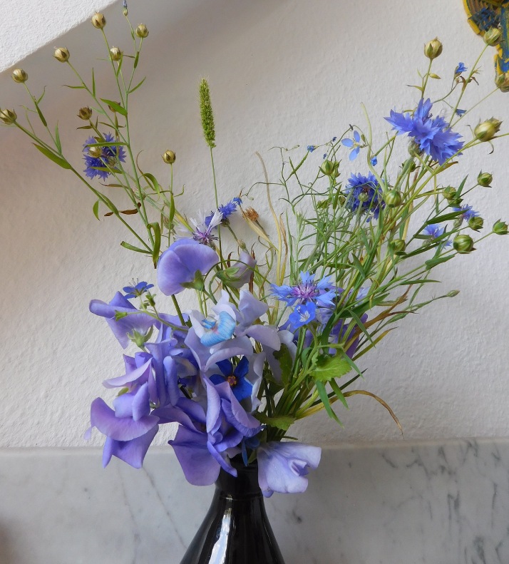Blue summer vase with Cornflowers, Sweet Peas, Blue Pimpernell and Phacelia