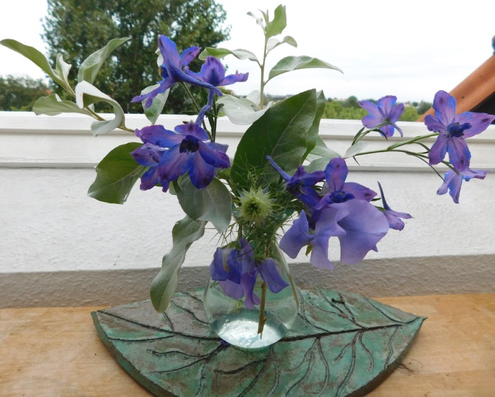 Silver-blue bouquet: Unknown Eleagnus, Delphiniums, Sweet Peas and a Love-in-a-mist